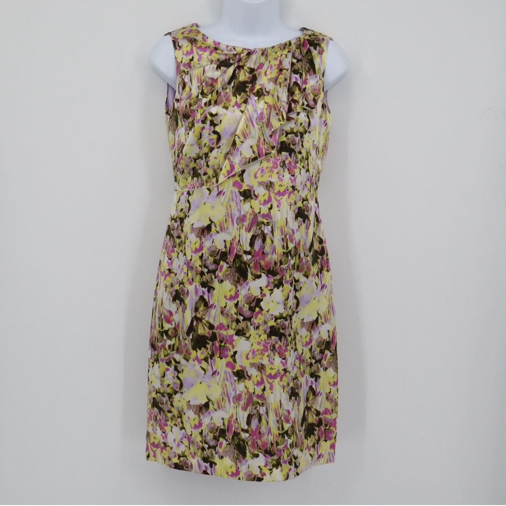Tahari ASL Silk Floral Sheath Dress Women 2P Yellow Sleeveless Career Party Boho